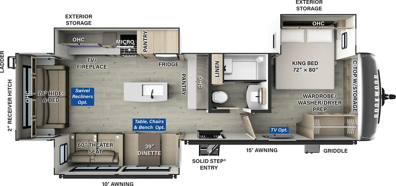 The Rockwood Signature Travel Trailers 8337RL has one entry and three slide outs. Exterior features include: fiberglass exterior and 10' & 15' awning. Interiors features include: kitchen island, front bedroom and rear living.